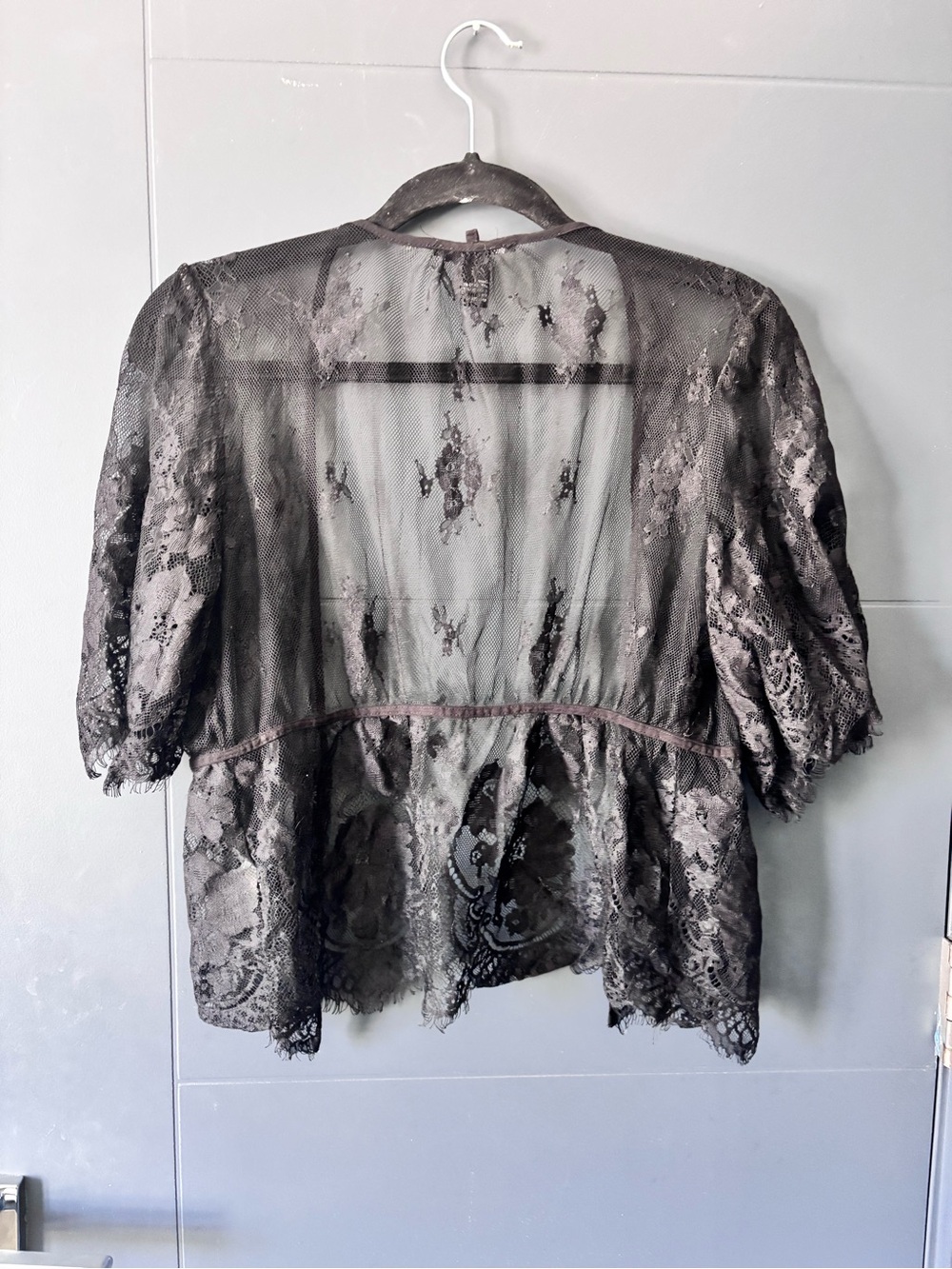 Lace Sheer Open-Front Blouse - Black - Picture 3 of 3